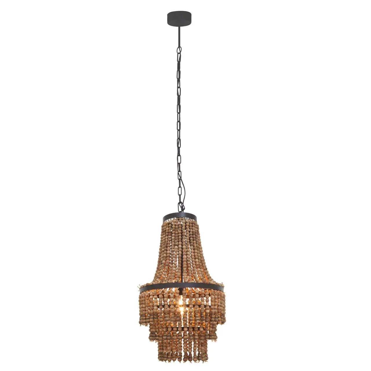 Wood bead chandelier pendant light with black chain and round ceiling rose