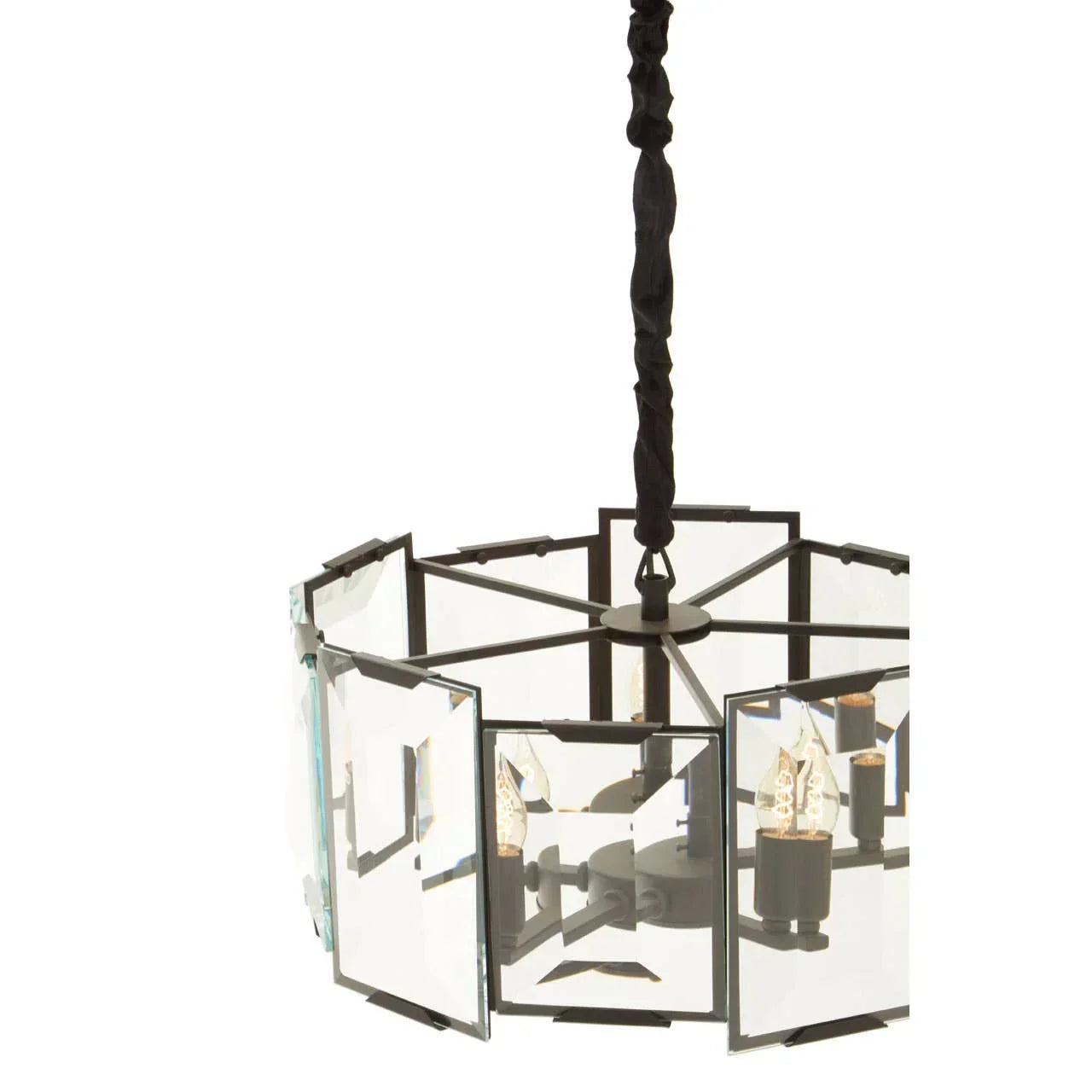 Modern glass and metal chandelier with geometric panels and exposed bulbs