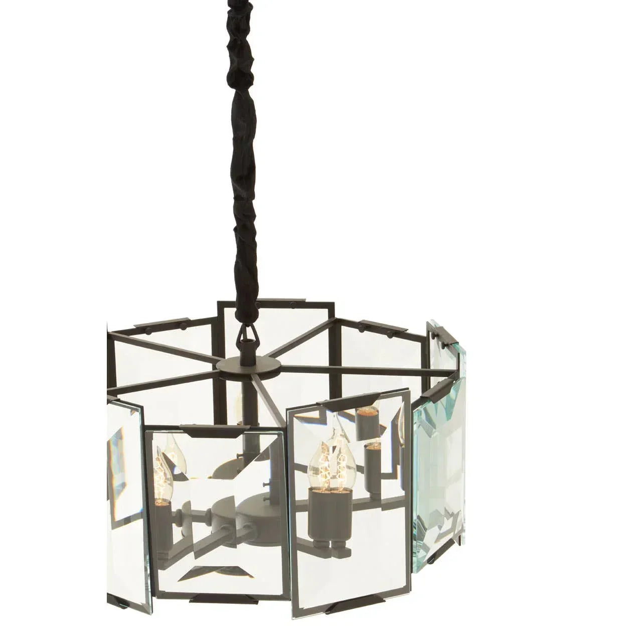 Modern glass panel chandelier with black metal frame and exposed bulbs