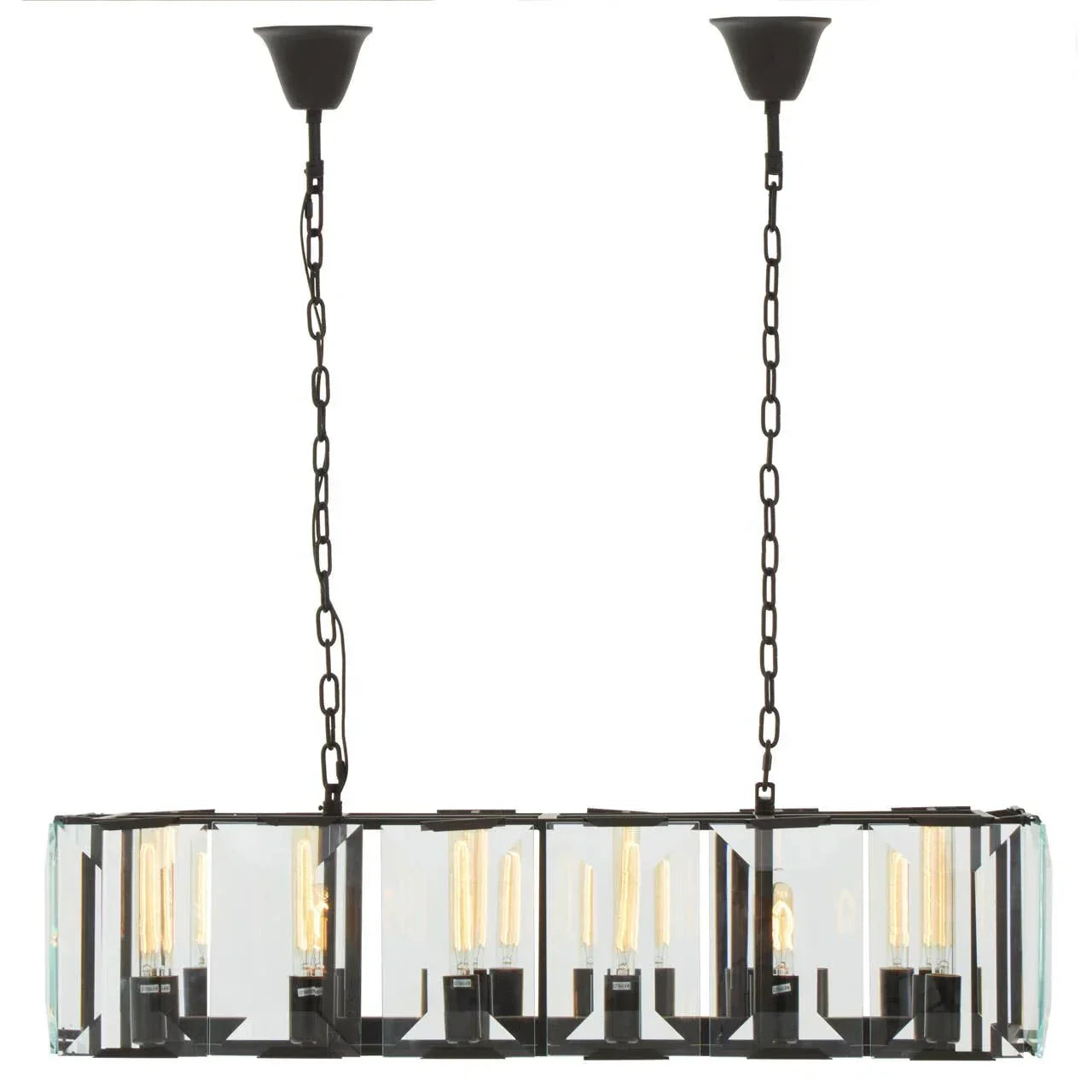 Rectangular glass and metal ceiling light with exposed bulbs and black chain suspension