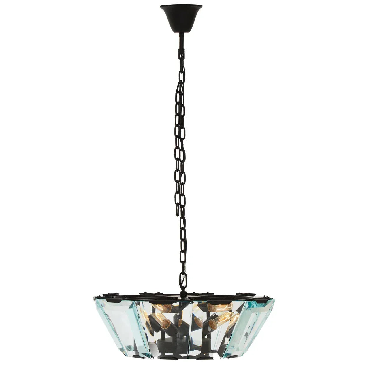Black and glass pendant ceiling light with chain suspension and exposed bulbs