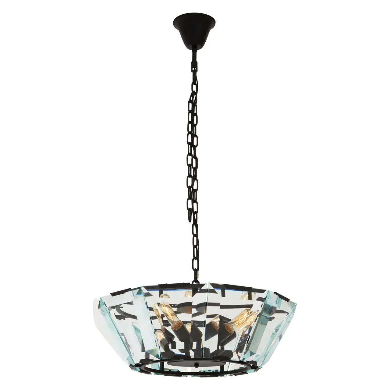 Modern crystal pendant light with black metal chain and angular glass shade