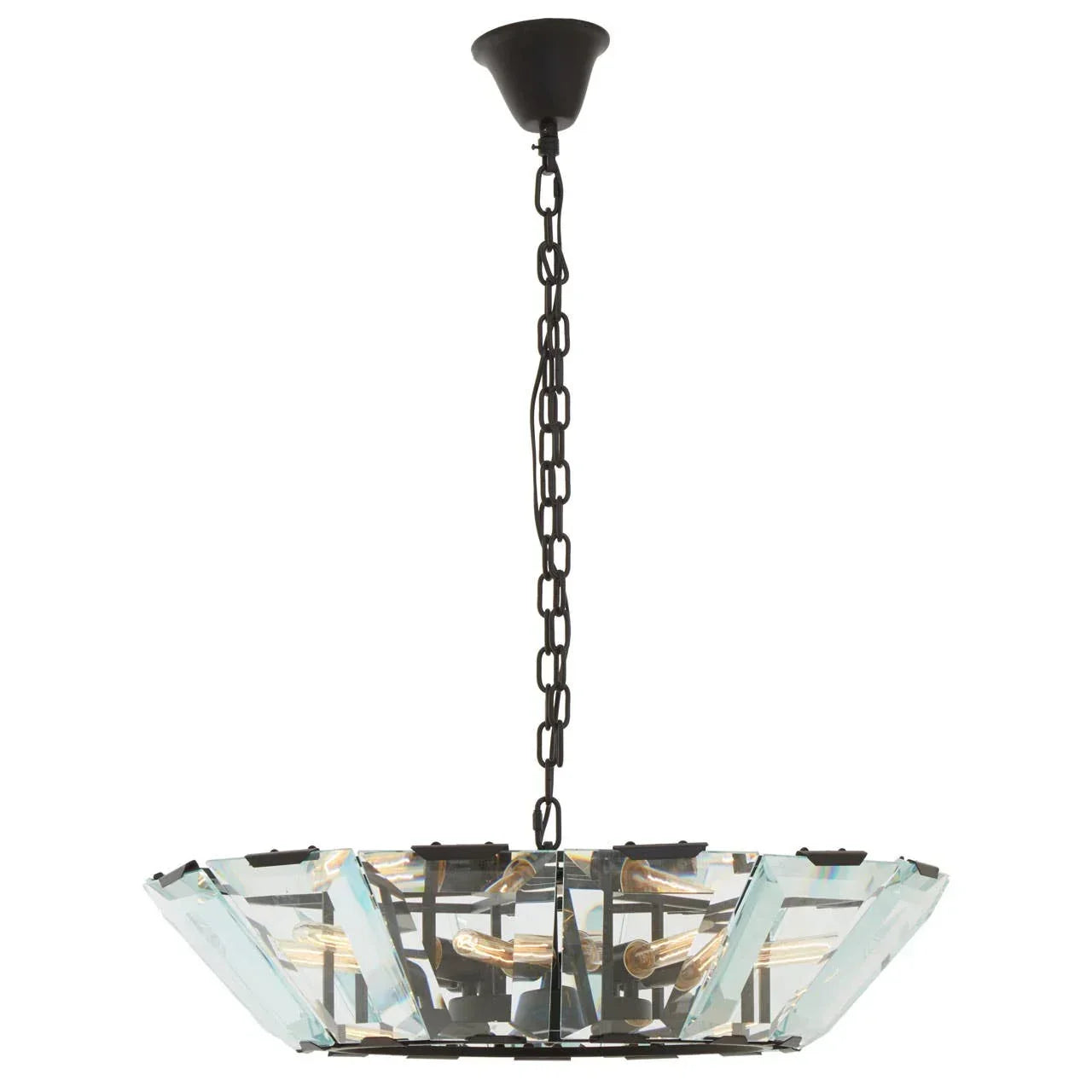 Modern glass pendant light with black chain and geometric design, angled view