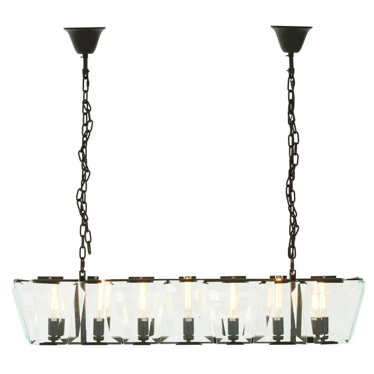 Rectangular glass panel ceiling light with exposed bulbs and black metal chain suspension