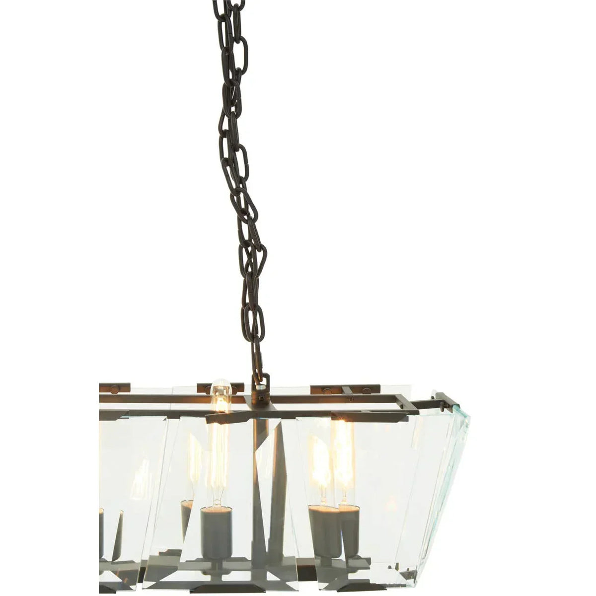 Rectangular glass pendant light with exposed bulbs and black metal chain