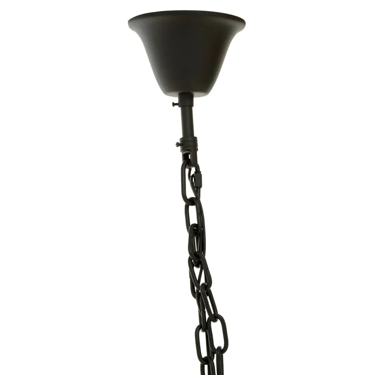 Black metal ceiling light fitting with chain and hook connection detail