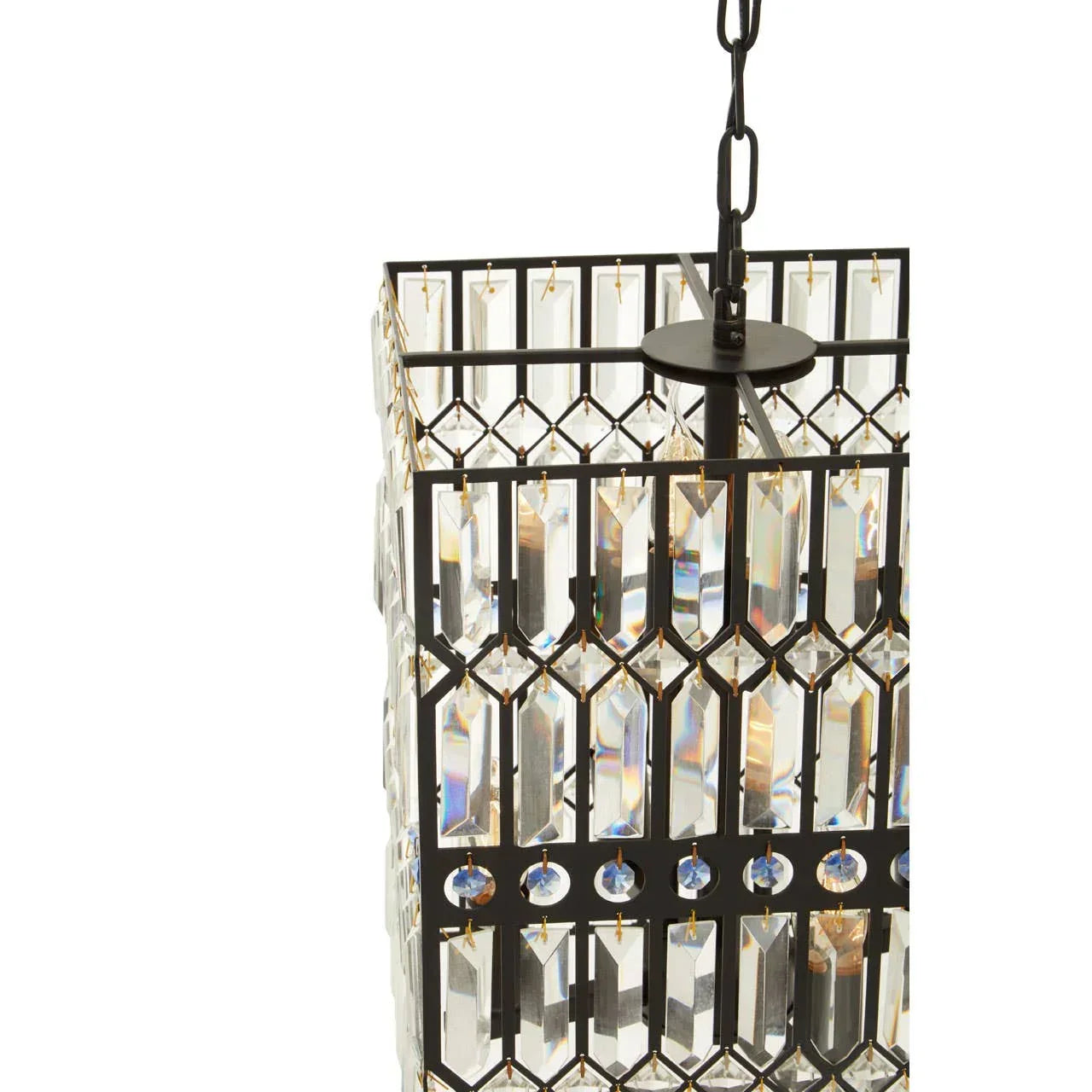 Rectangular crystal pendant light with black metal frame and hanging chain