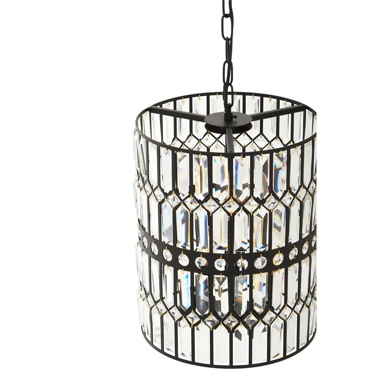 Crystal glass pendant light with black metal frame and chain for ceiling hanging