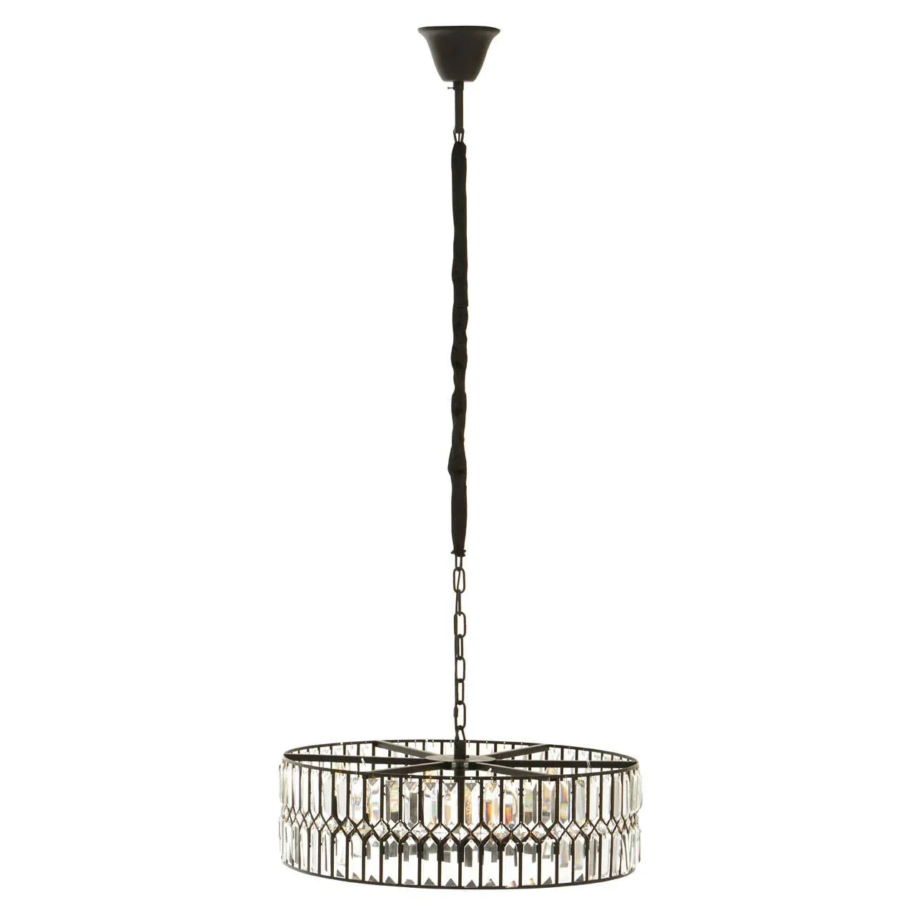 Round crystal chandelier with black metal frame and hanging chain, ceiling view