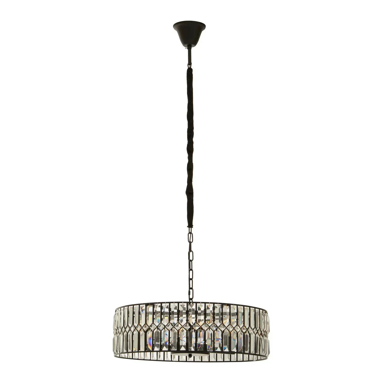 Round crystal chandelier with black metal frame and chain suspension, front view
