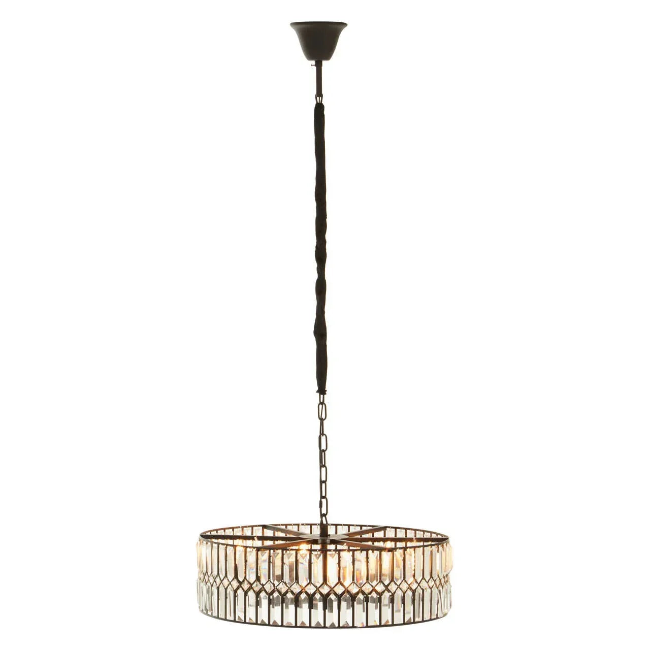 Round crystal chandelier with black metal frame and hanging chain, illuminated crystals