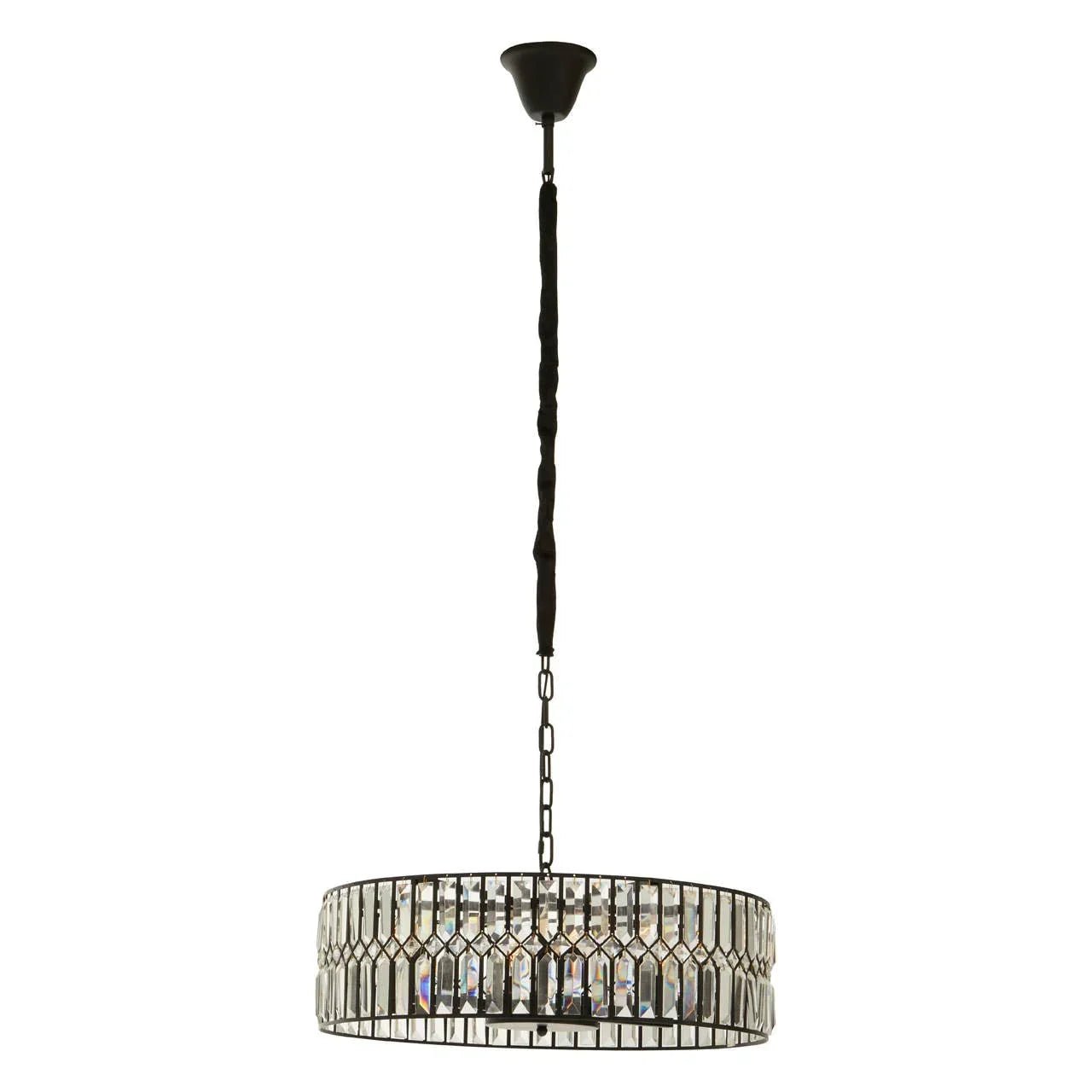 Crystal drum pendant light with black metal frame and chain suspension