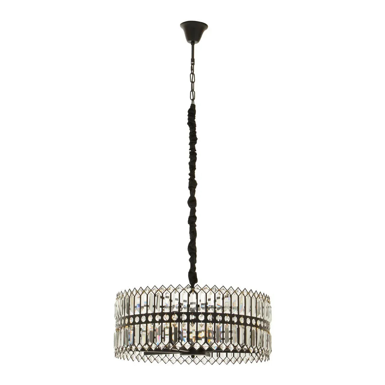 Round crystal chandelier with black metal frame suspended from black chain