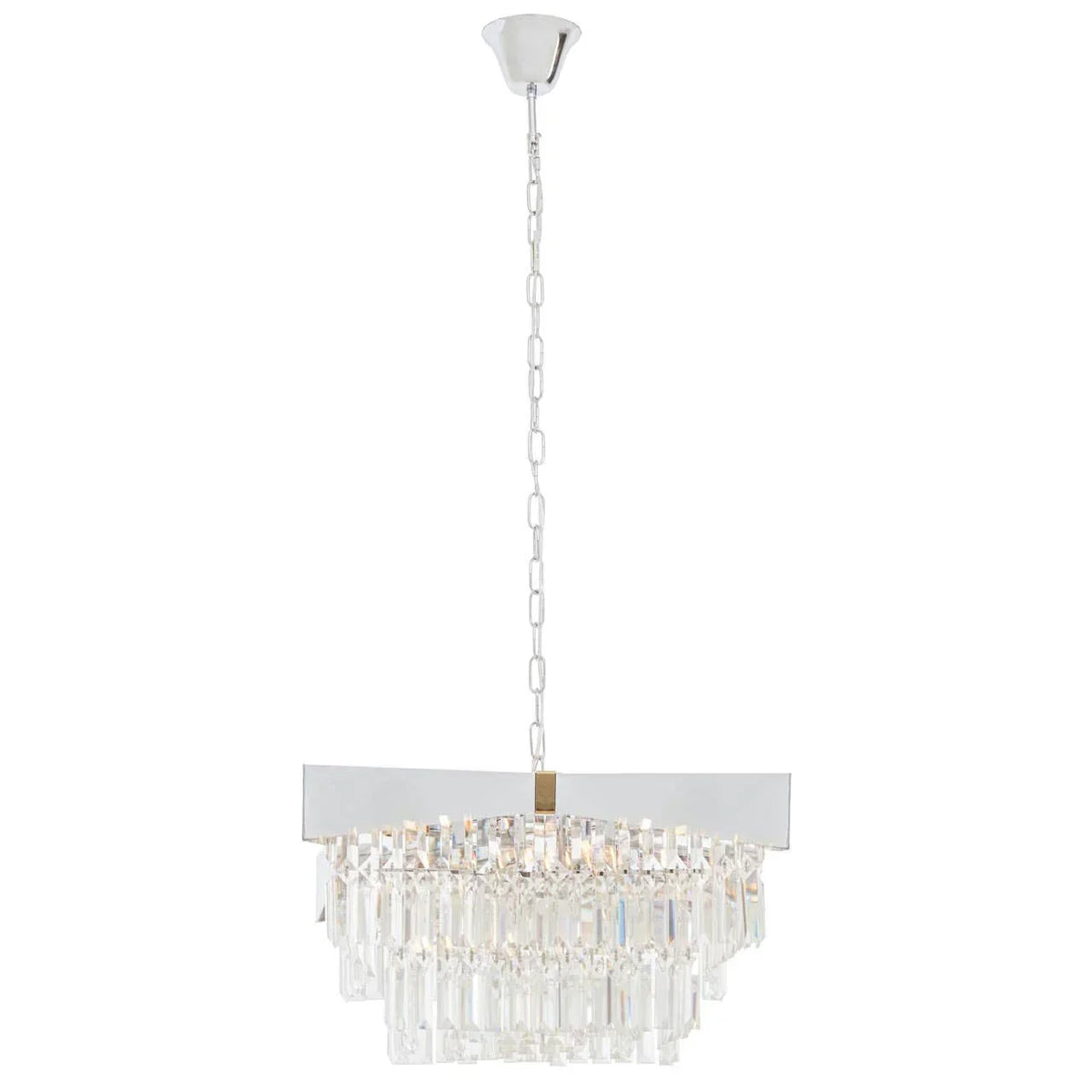 Crystal chandelier with chrome frame and hanging glass prisms on ceiling chain