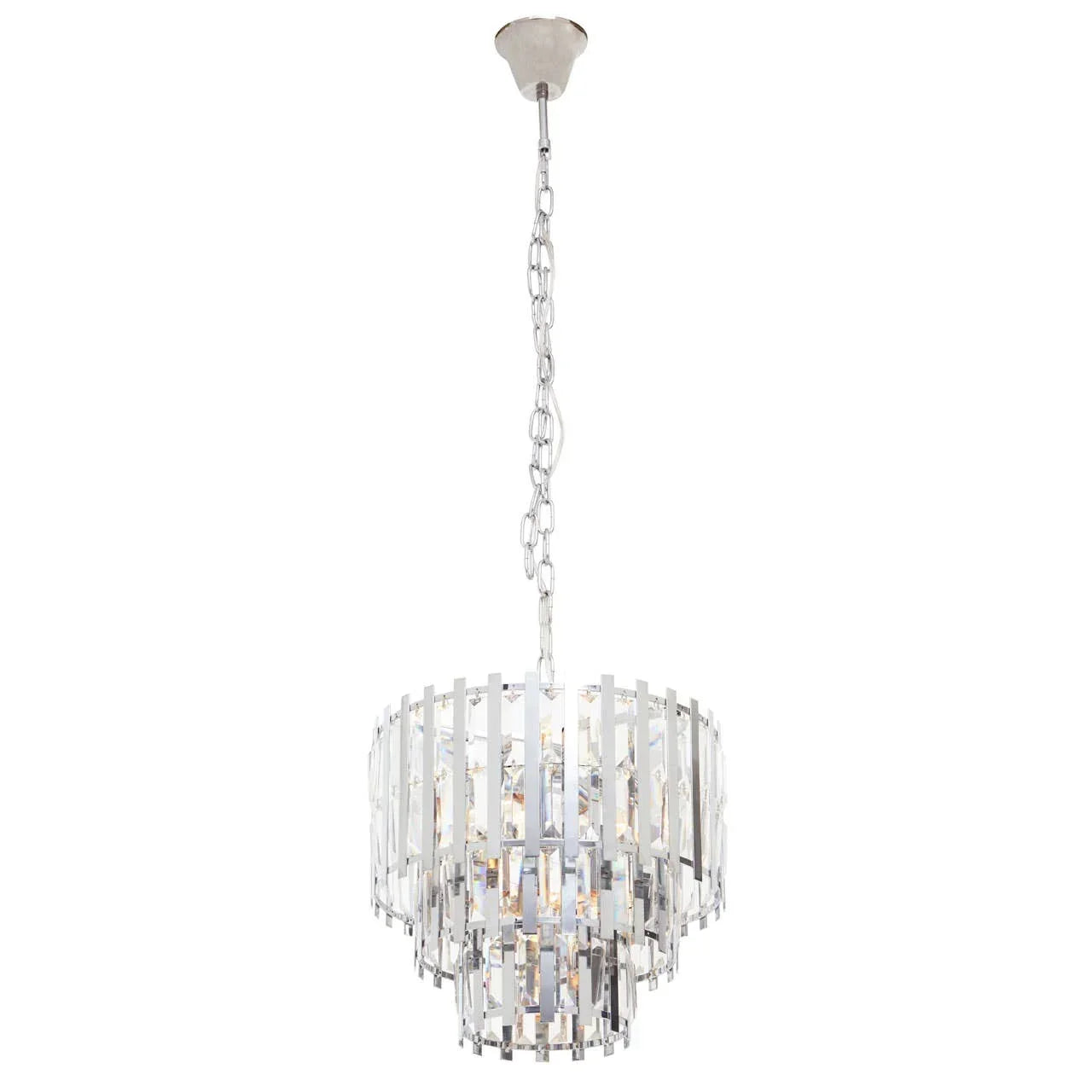 Chrome crystal chandelier light with tiered design and hanging chain