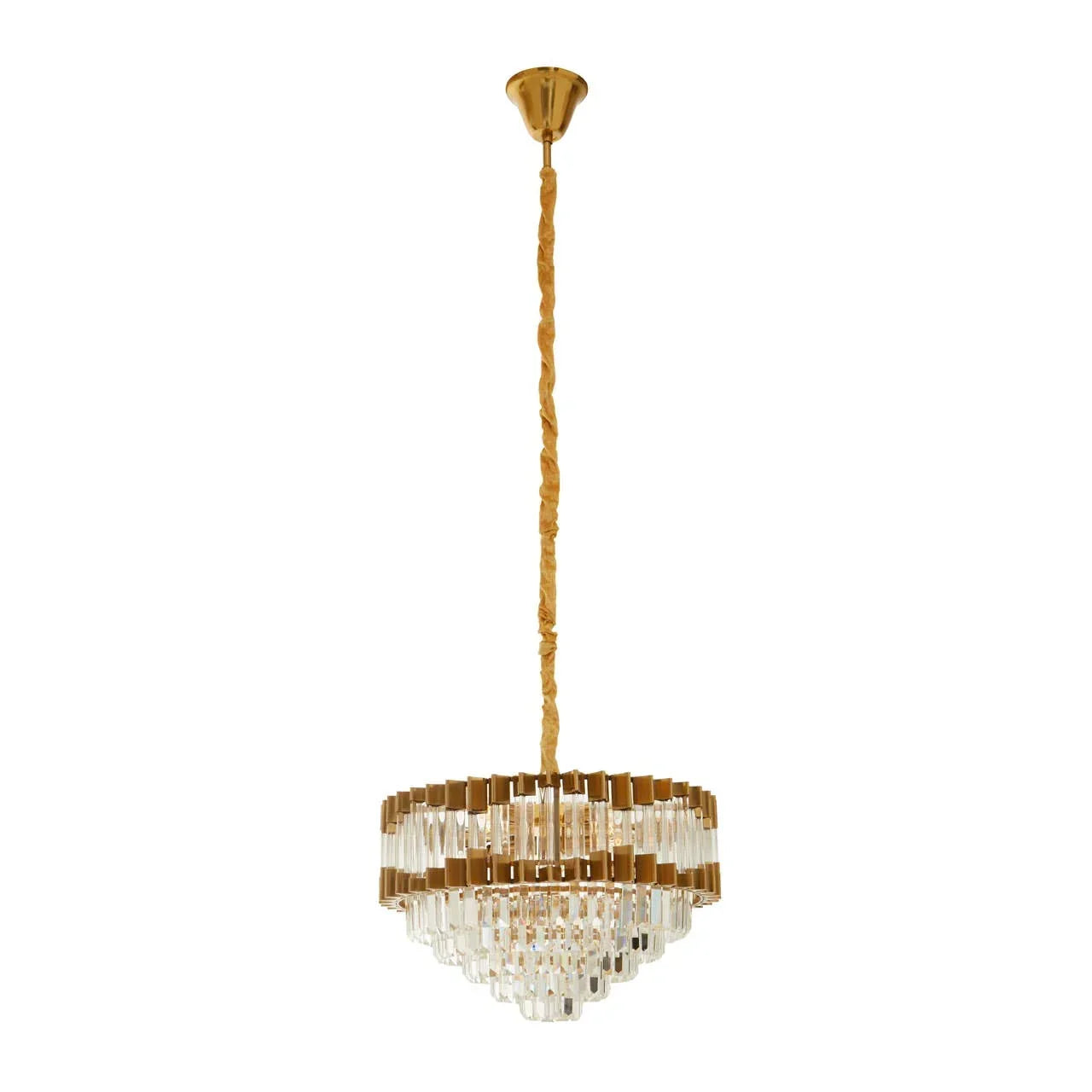Gold pendant chandelier with crystal glass tiers and fabric-wrapped suspension rod