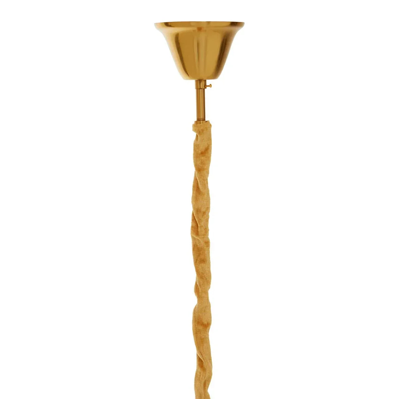 Gold ceiling light pendant fitting with twisted fabric cable closeup