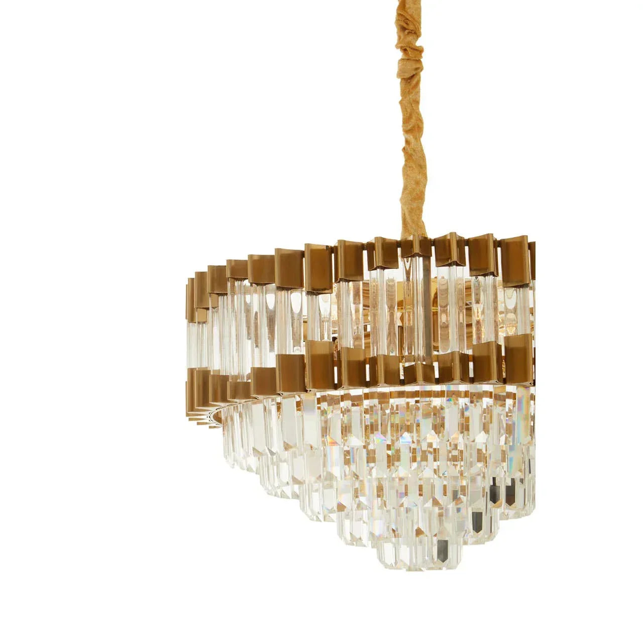Gold and crystal chandelier with tiered hanging prisms and fabric-covered chain