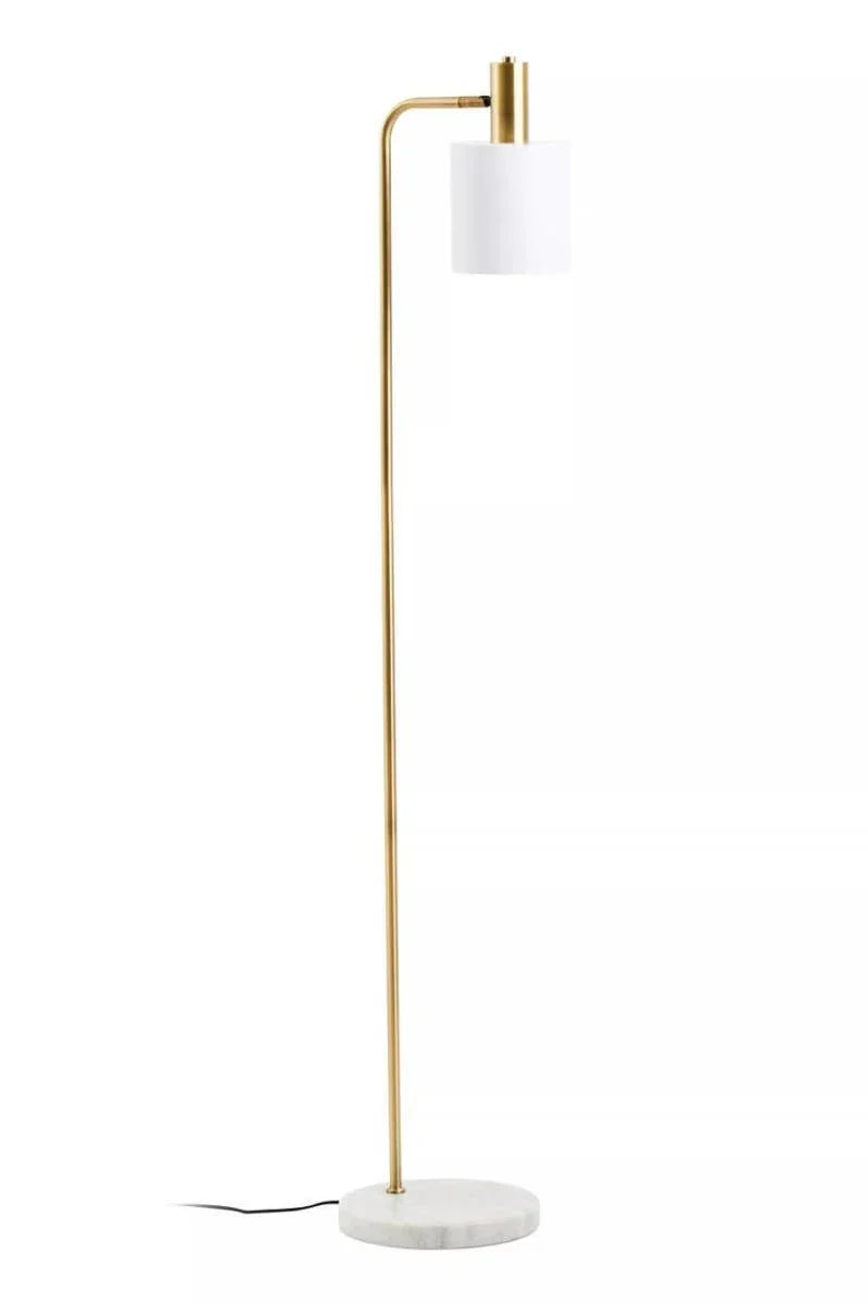 Brass floor lamp with white cylindrical shade and round marble base