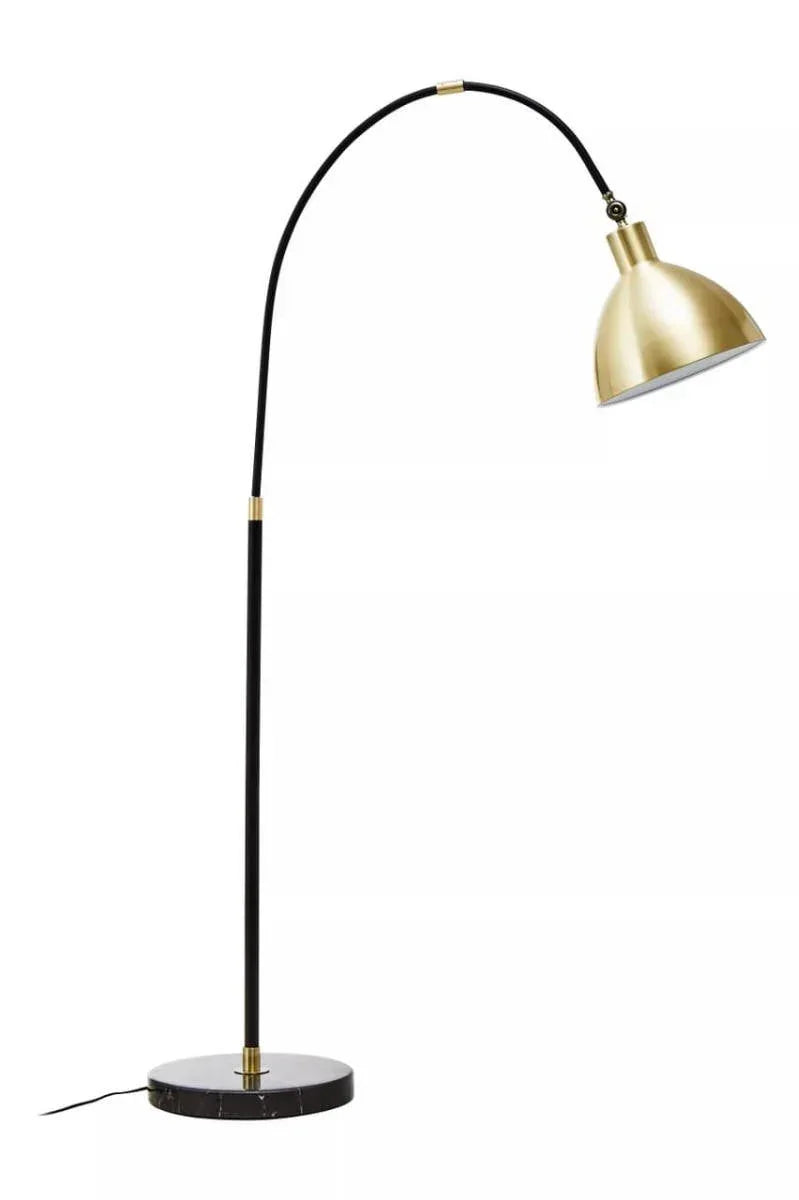 Black arc floor lamp with gold metal shade and round marble base
