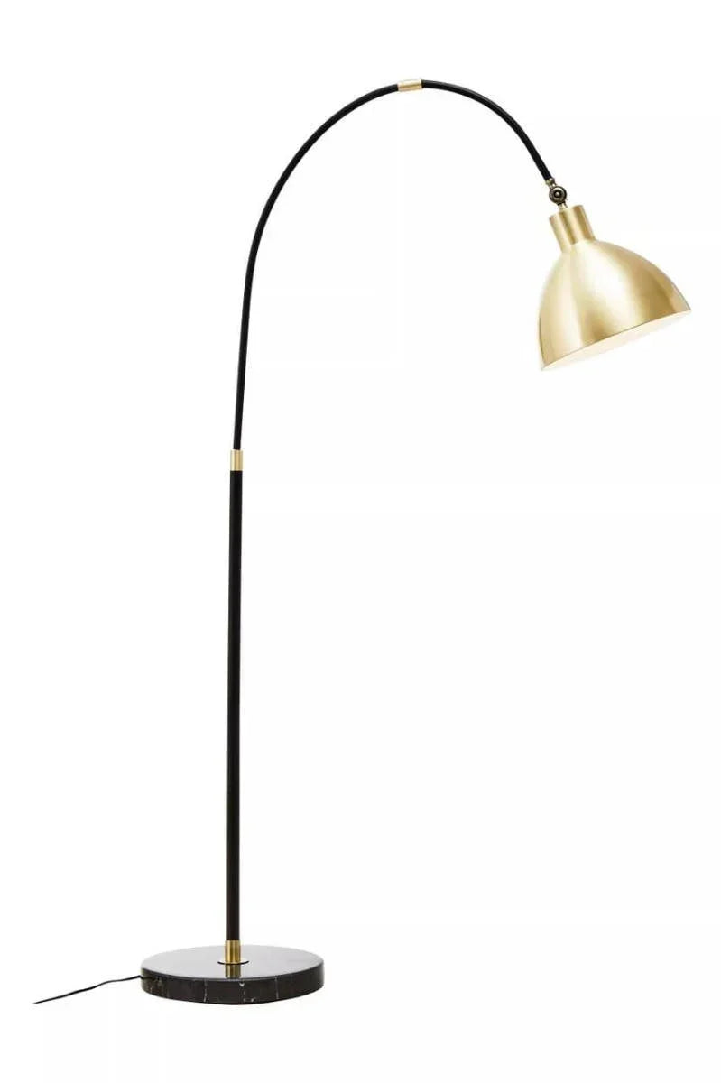 Black and gold arc floor lamp with marble base and dome shade