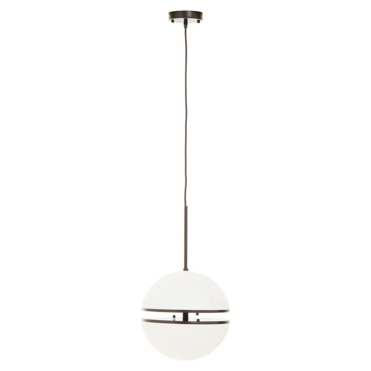 White globe pendant light with black trim and ceiling mount, suspended by a black cord