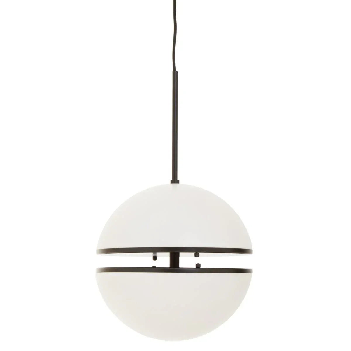 Modern pendant ceiling light with white spherical glass shade and black trim