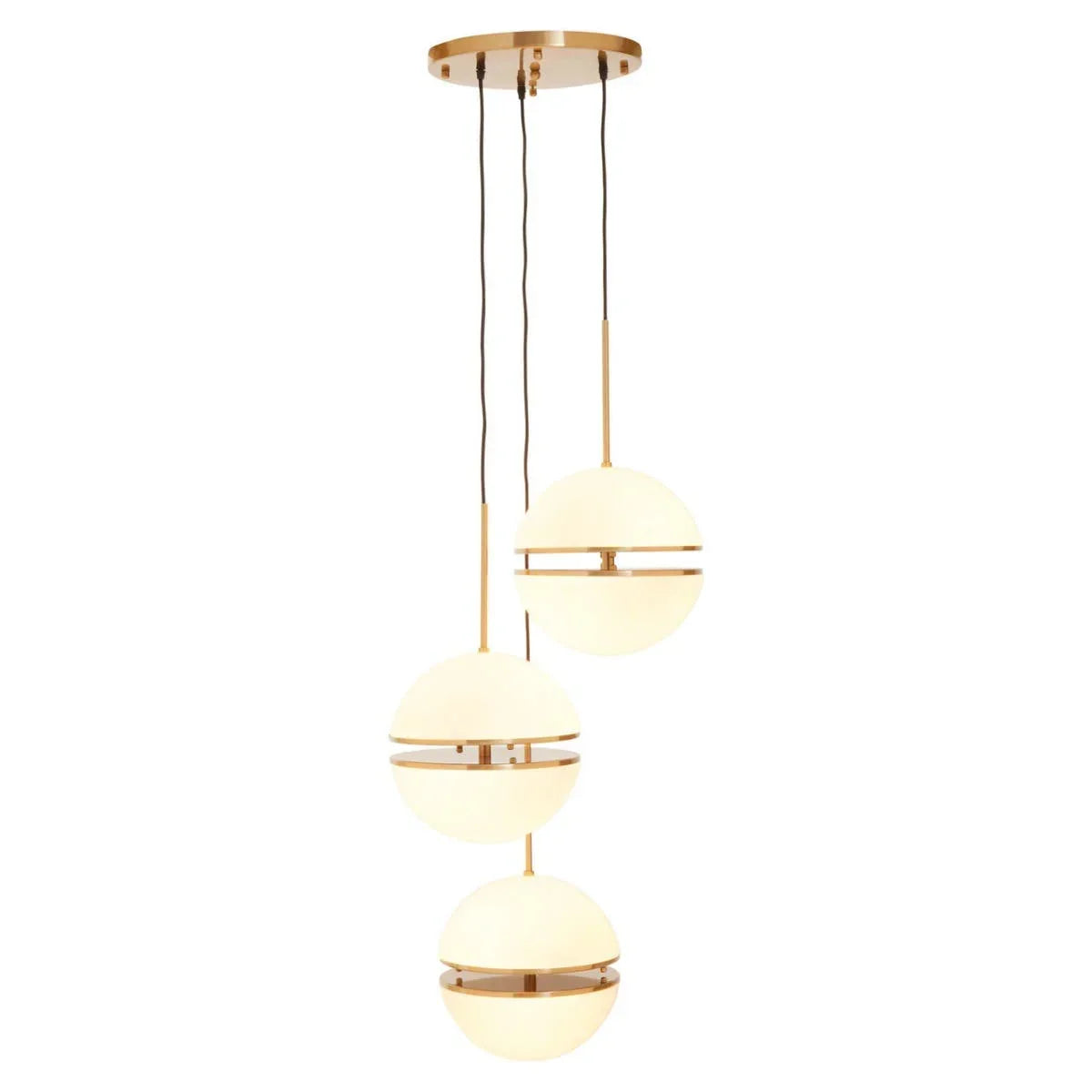 modern pendant light with three gold and white globe shades suspended in a vertical cluster