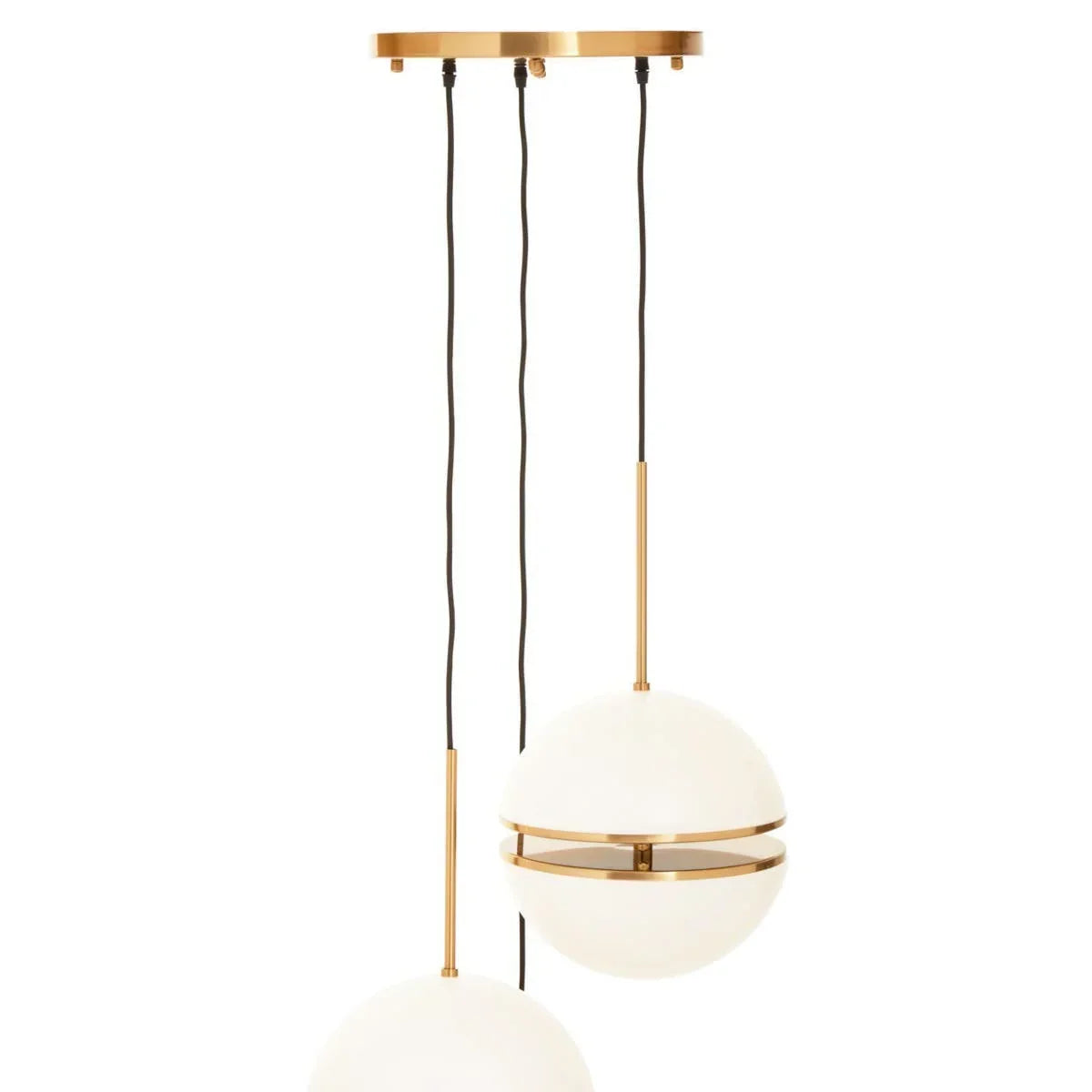 Modern pendant light with two white glass globes and gold accents, black suspension cords