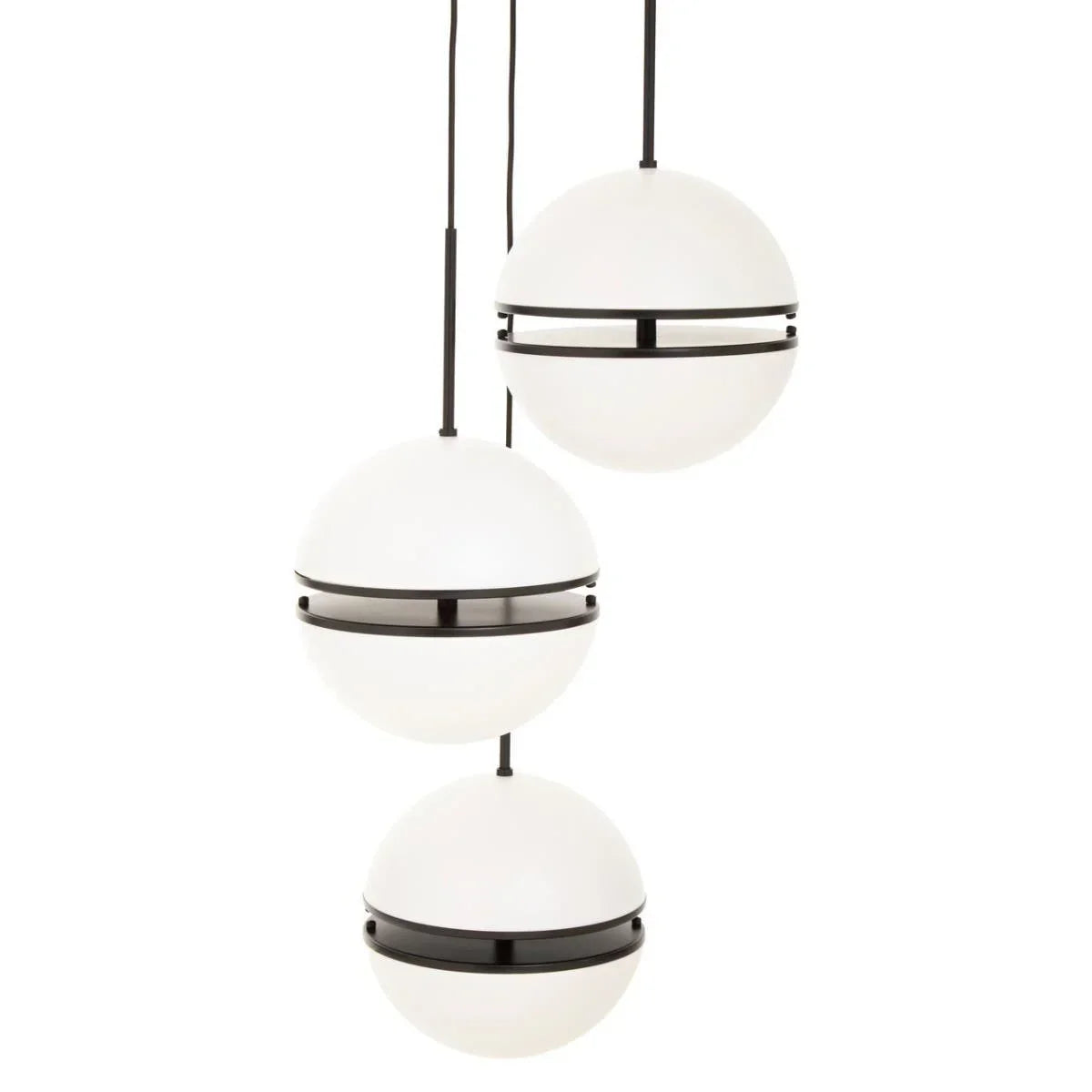 Modern pendant light with three white glass globe shades and black metal accents