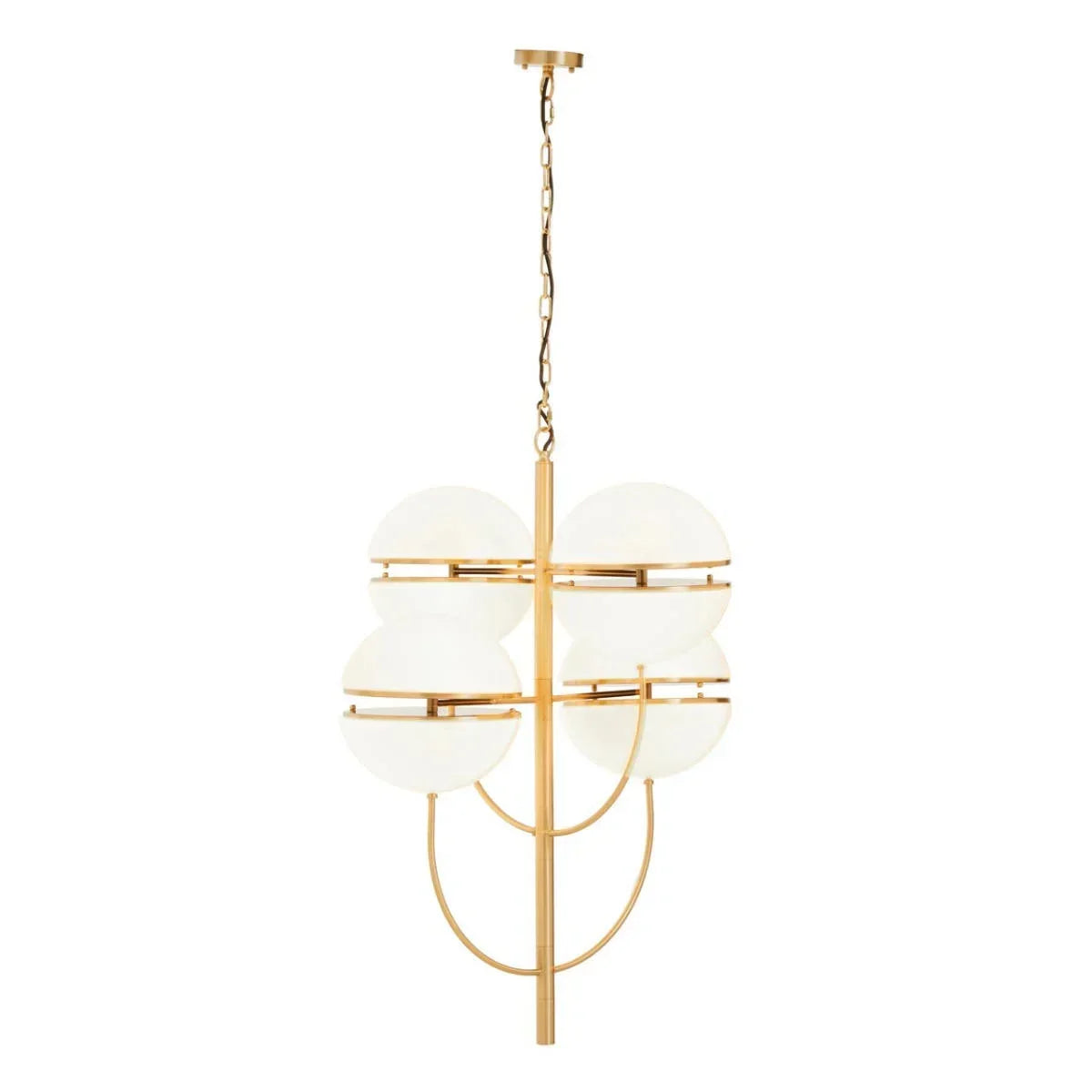 Modern gold chandelier with six white glass globe lights and metal frame hanging from chain