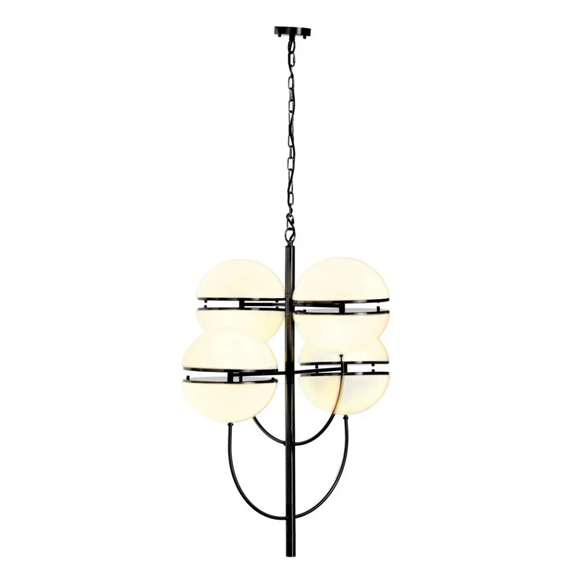 Black metal pendant light with four round white glass shades
