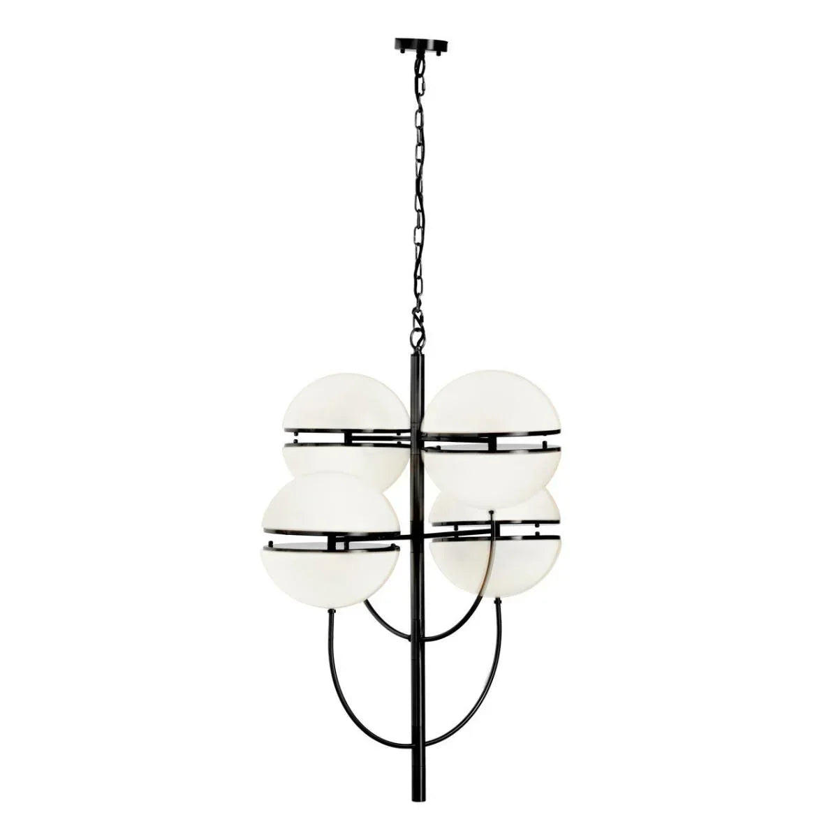Modern black chandelier with four frosted glass globe shades and suspended chain