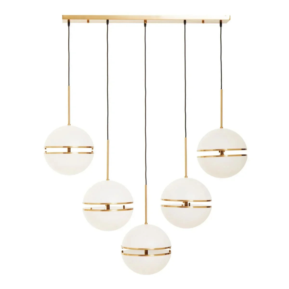 Modern pendant light with five white globe lamps and gold accents hanging from ceiling bar