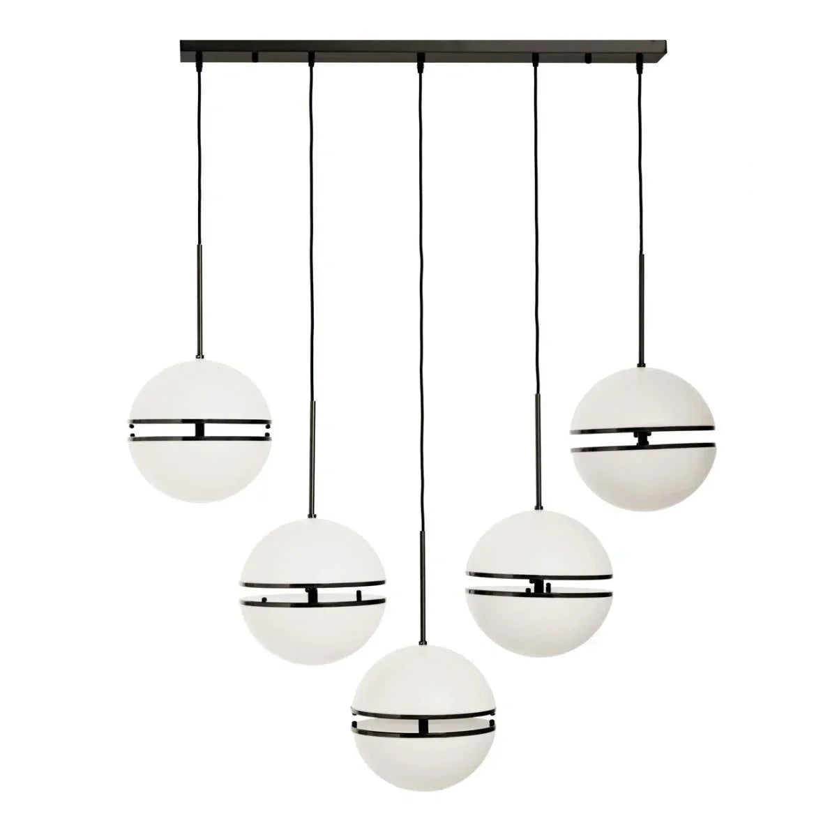 Modern pendant ceiling light with five white globe shades and black metal accents