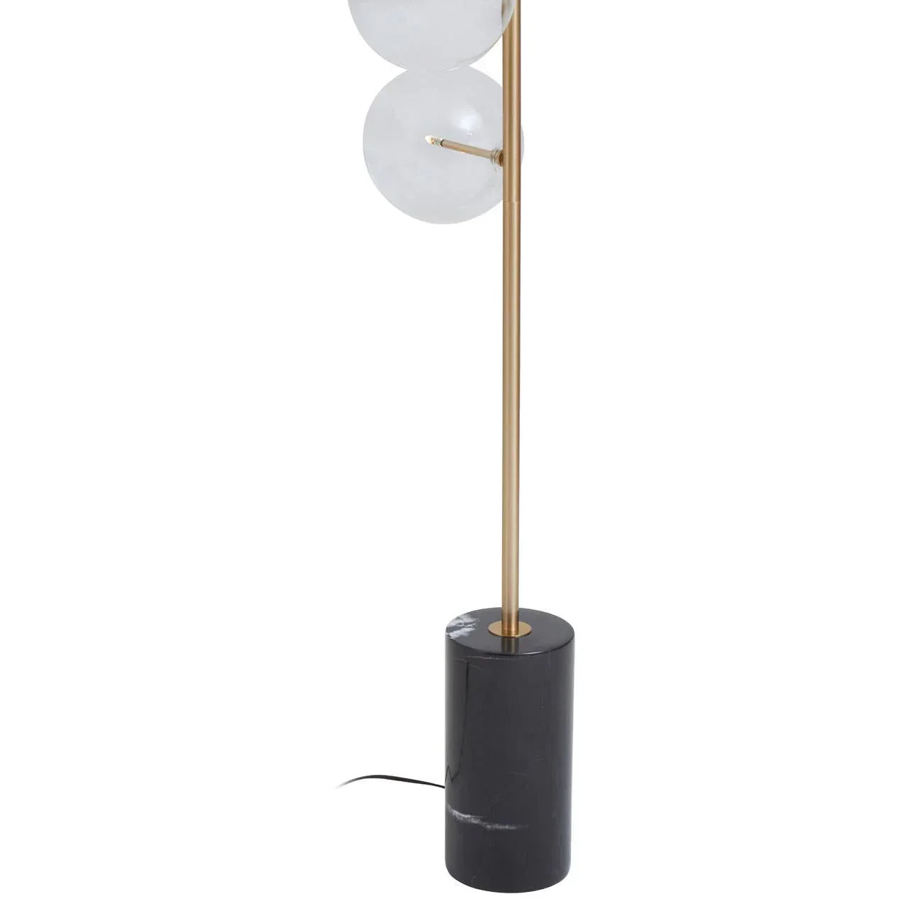 Modern floor lamp with gold stand, white glass globes and black marble base