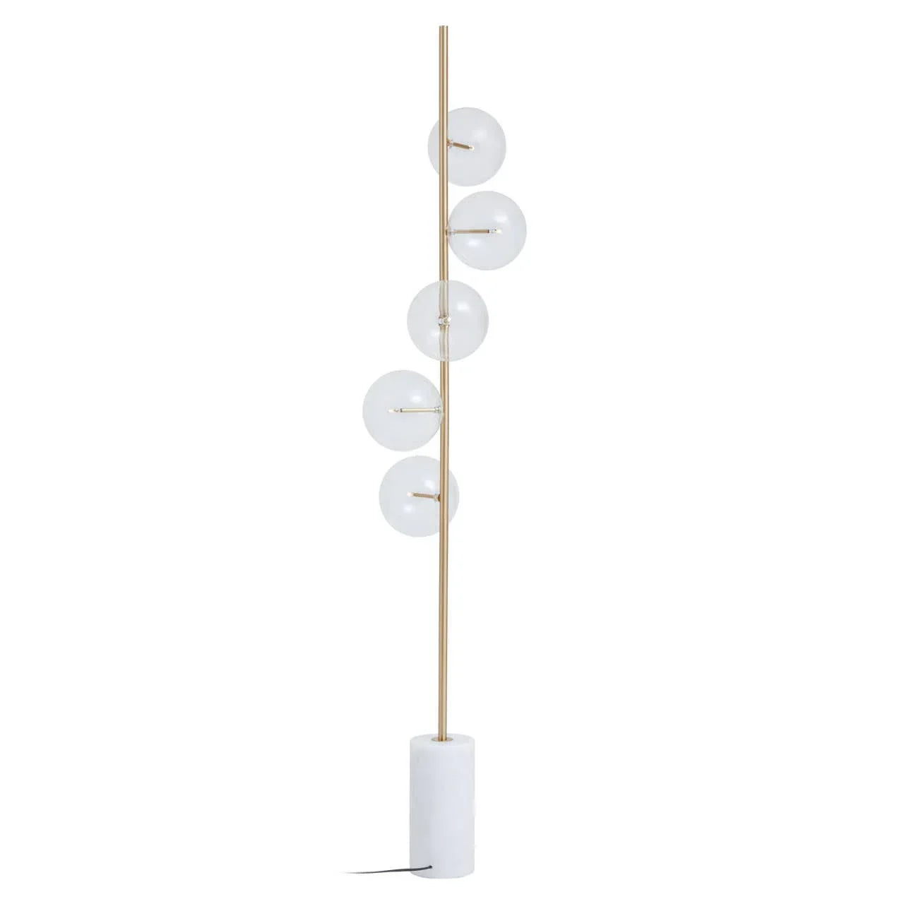 Modern floor lamp with gold pole, four glass globes, and white marble base