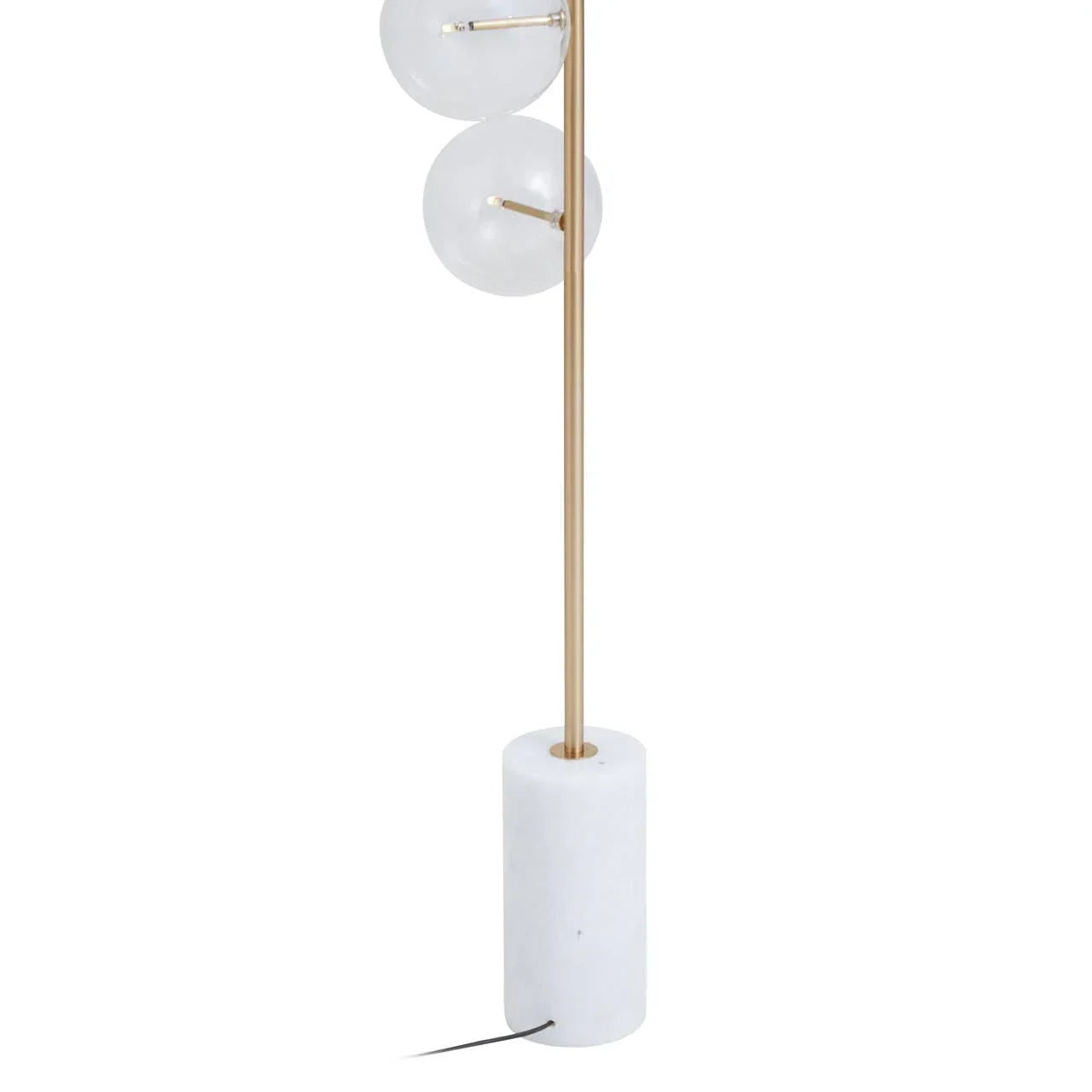 Modern floor lamp with gold stand, white glass globes, and marble cylindrical base