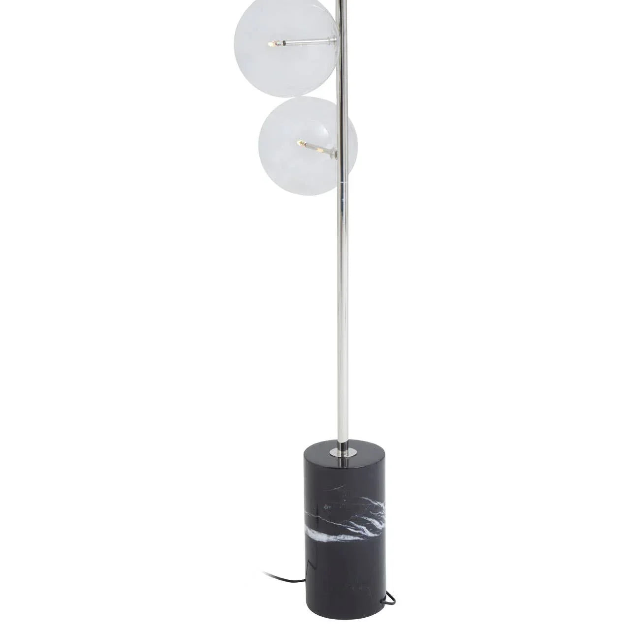 Modern floor lamp with marble base and two round glass shades on chrome pole