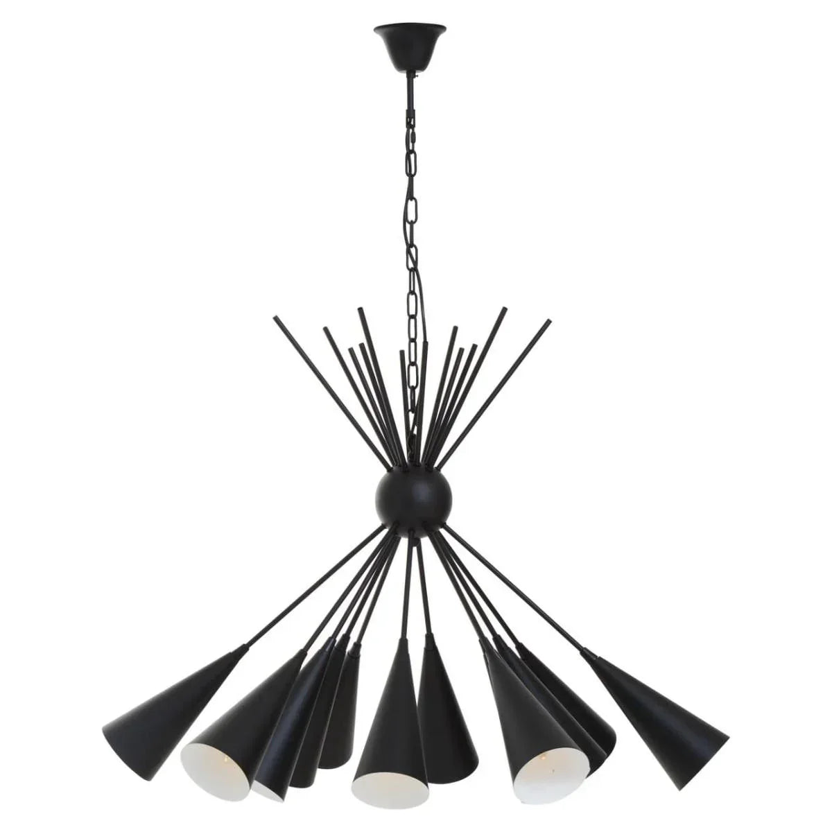 Modern black ceiling chandelier with sputnik design and multiple cone-shaped light fixtures