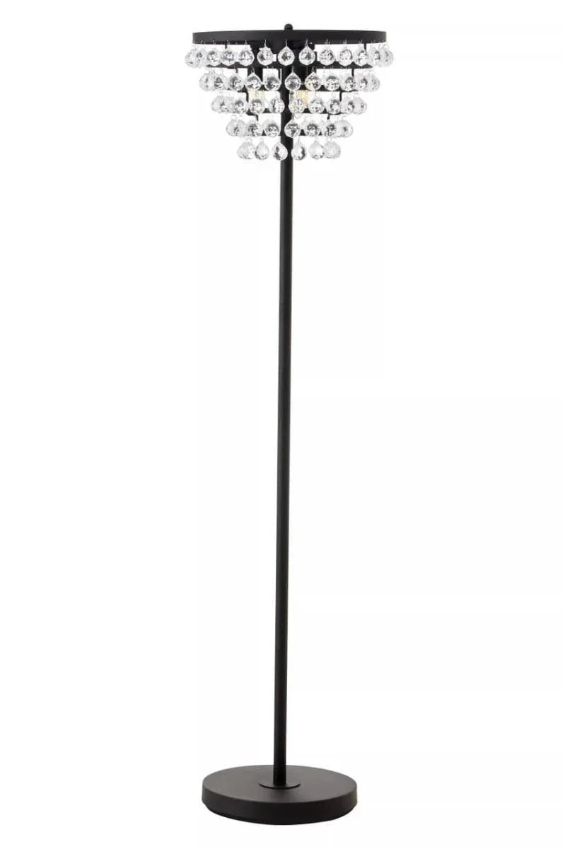 Black floor lamp with crystal drop shade and round base