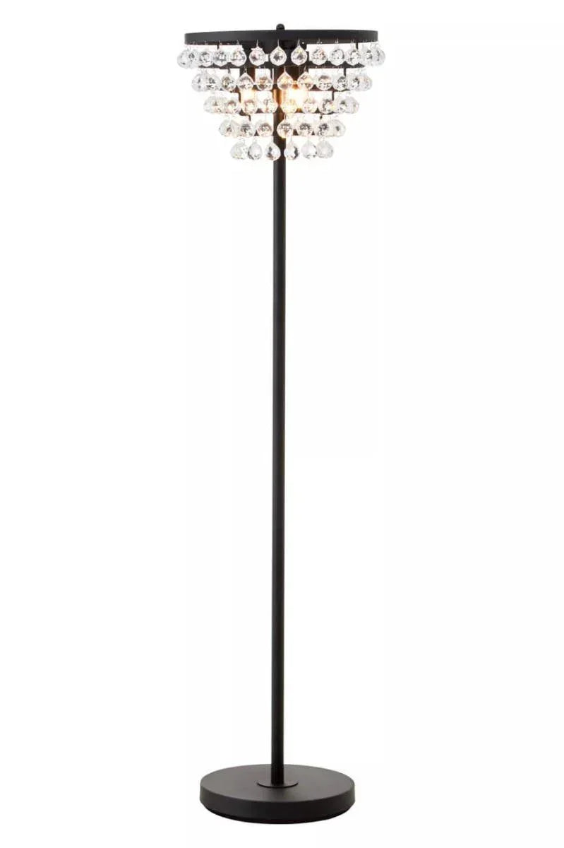 black floor lamp with crystal droplet shade and round base