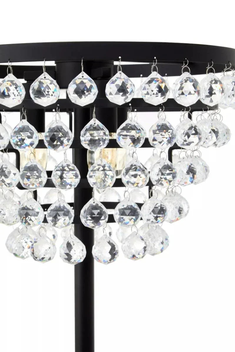 Black floor lamp with hanging crystal droplets and modern frame