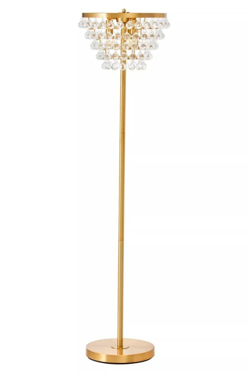 Gold floor lamp with crystal hanging accents and round base