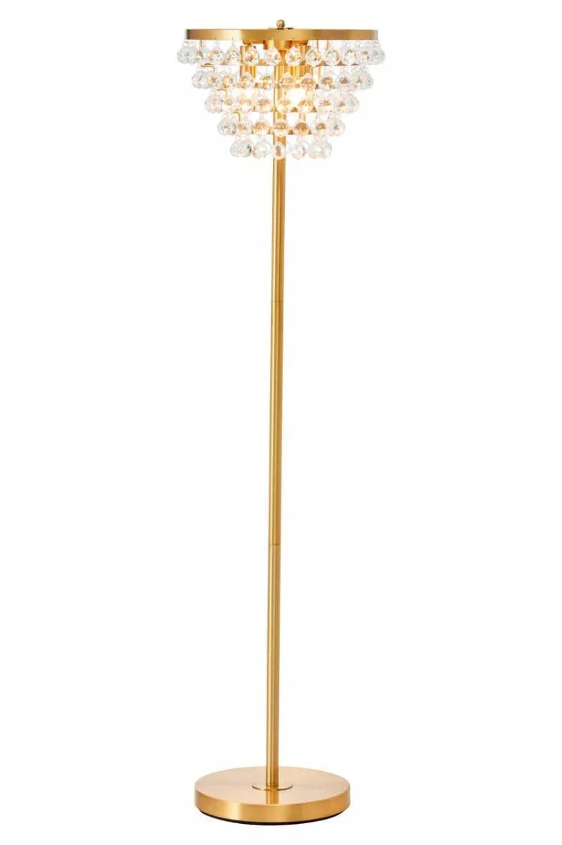 Gold floor lamp with crystal glass drop accents and round base