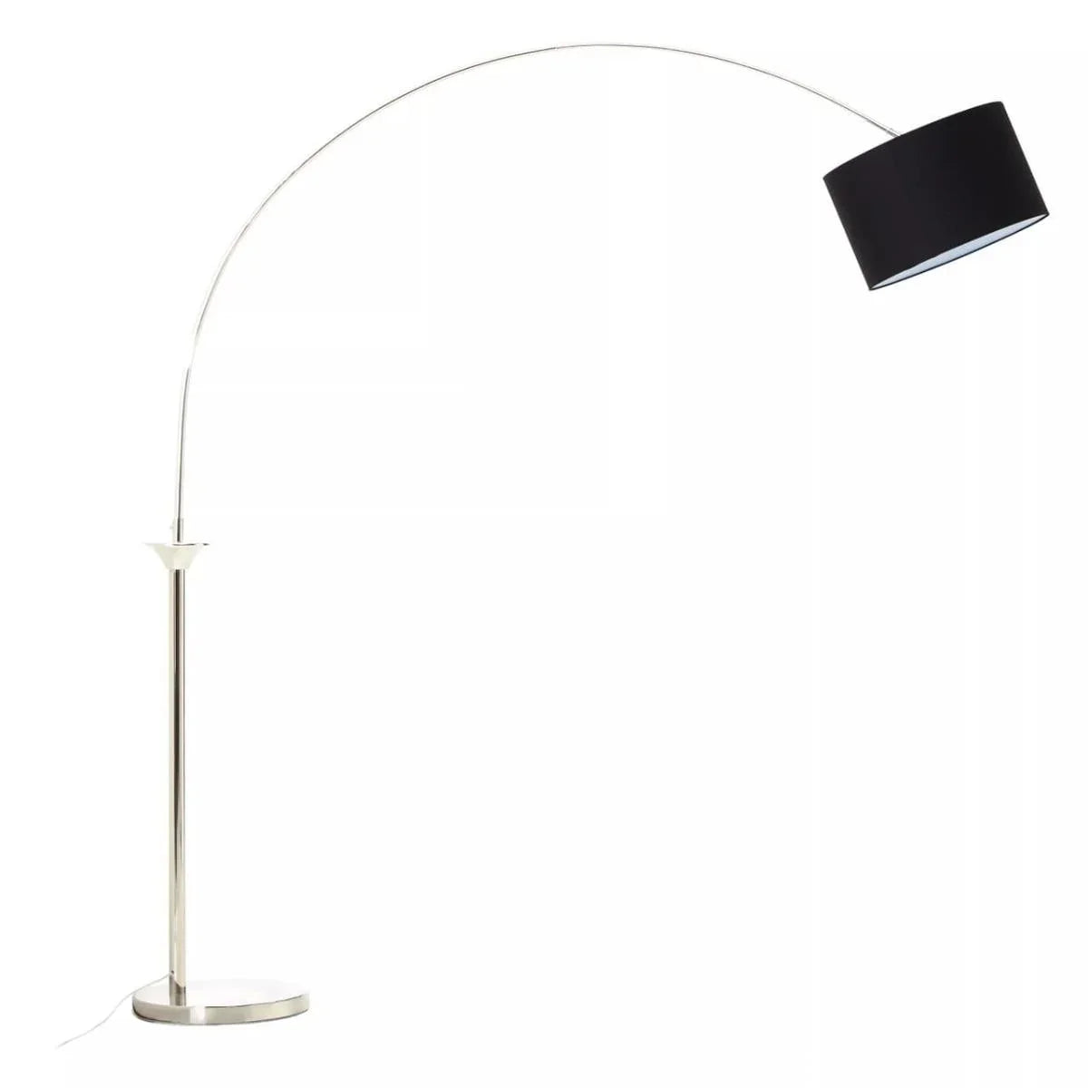 Modern arc floor lamp with black drum shade and chrome base