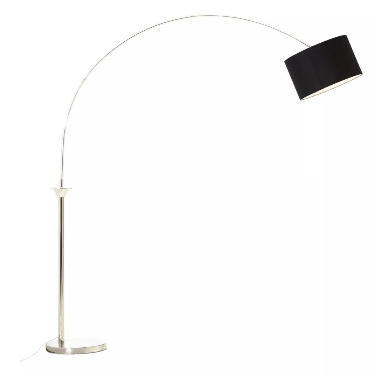 Chrome arched floor lamp with black drum shade and round marble-effect base