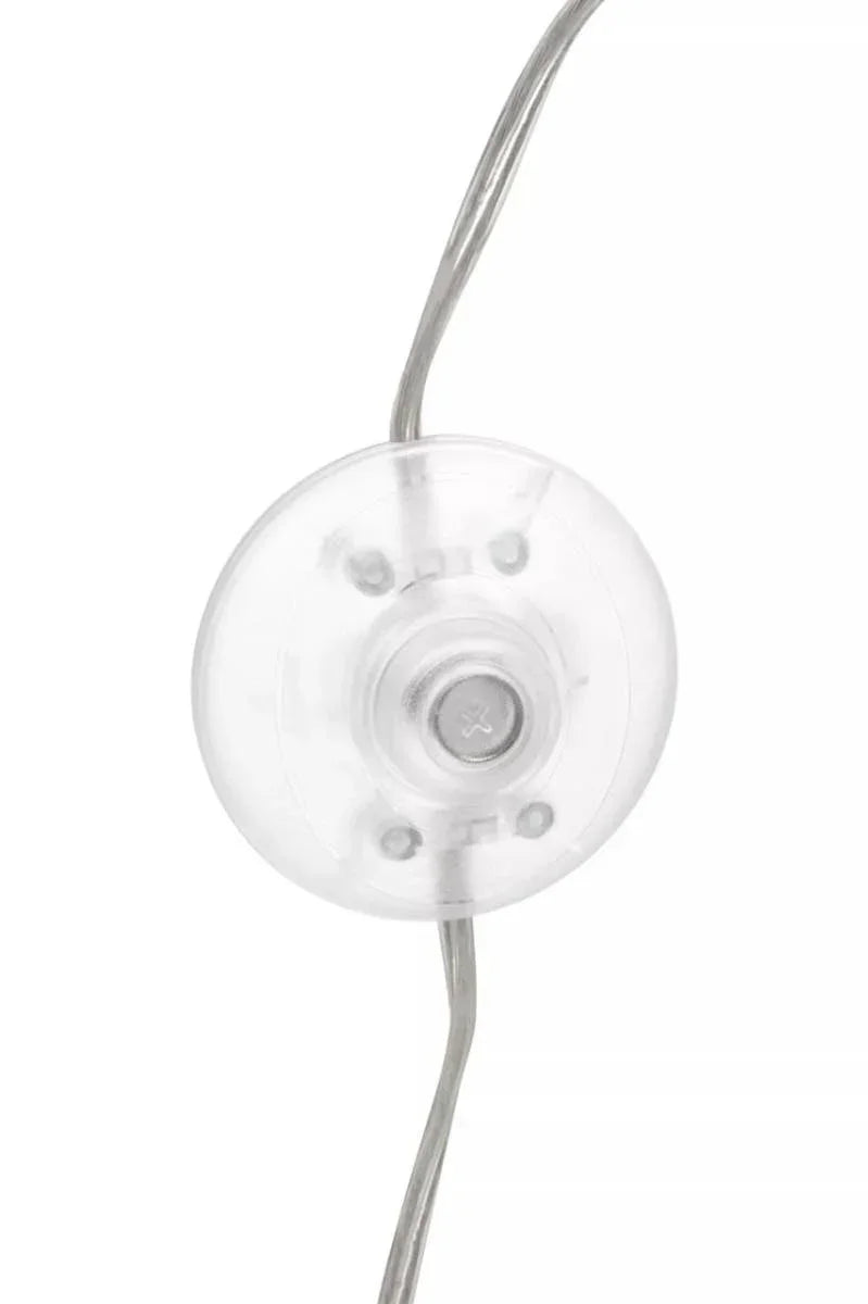 Close-up of transparent inline switch on a silver electrical cord