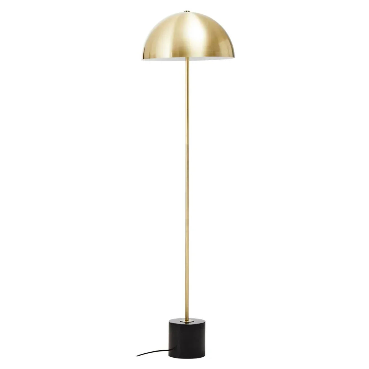 Gold dome floor lamp with slender pole and black cylindrical base