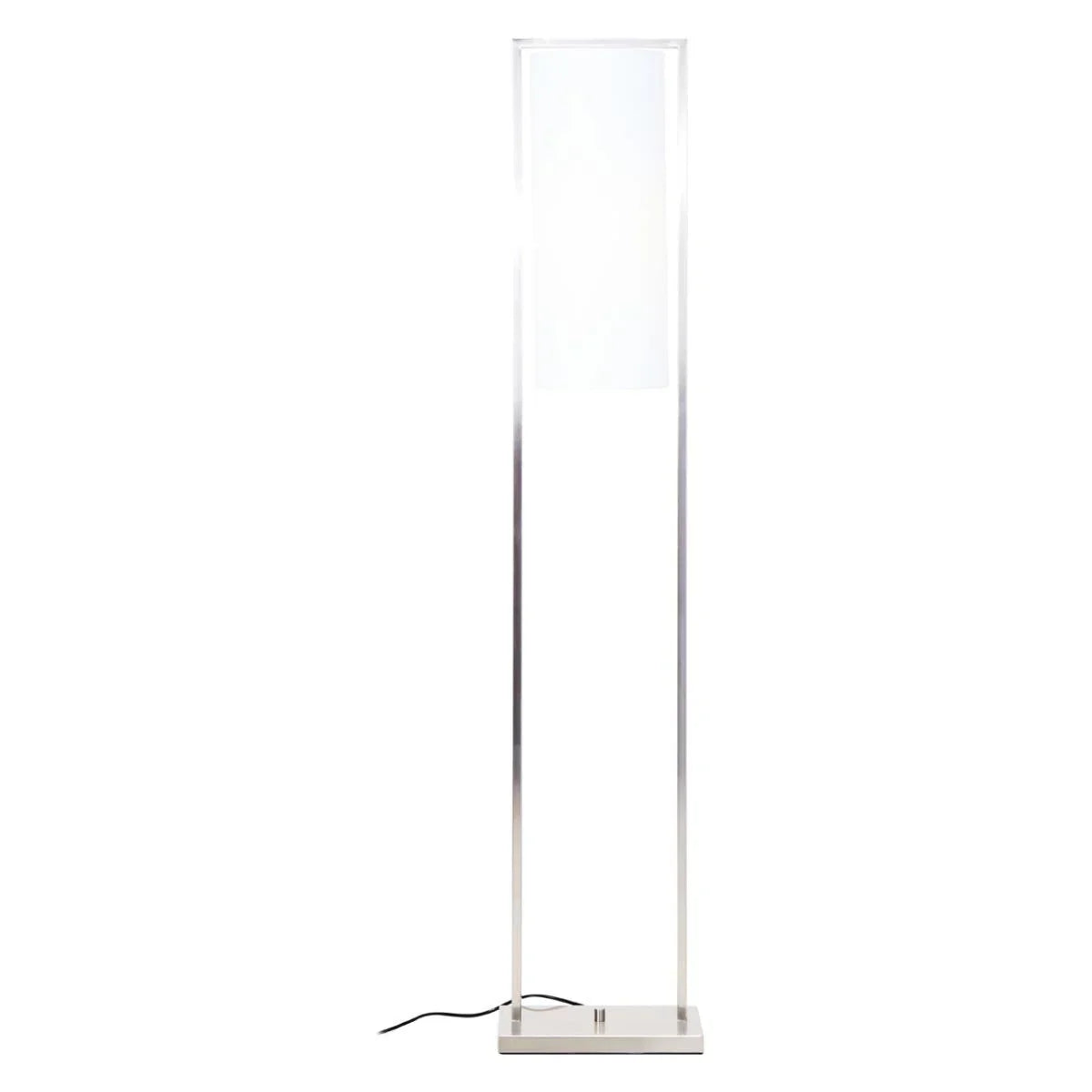 Modern floor lamp with rectangular shade and chrome finish on white background